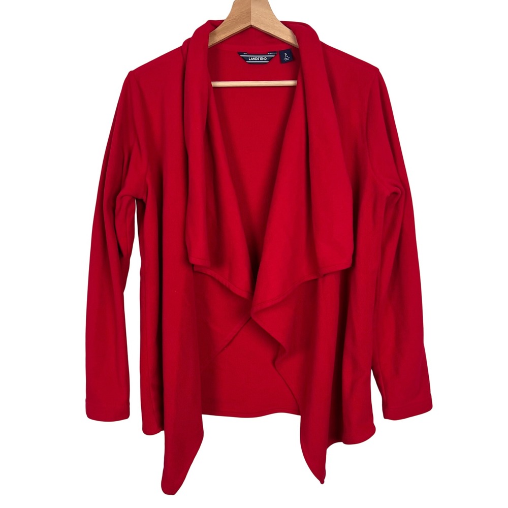 Lands End Womens Red Fleece Open Front Waterfall Cardigan Jacketā Small (6-8)